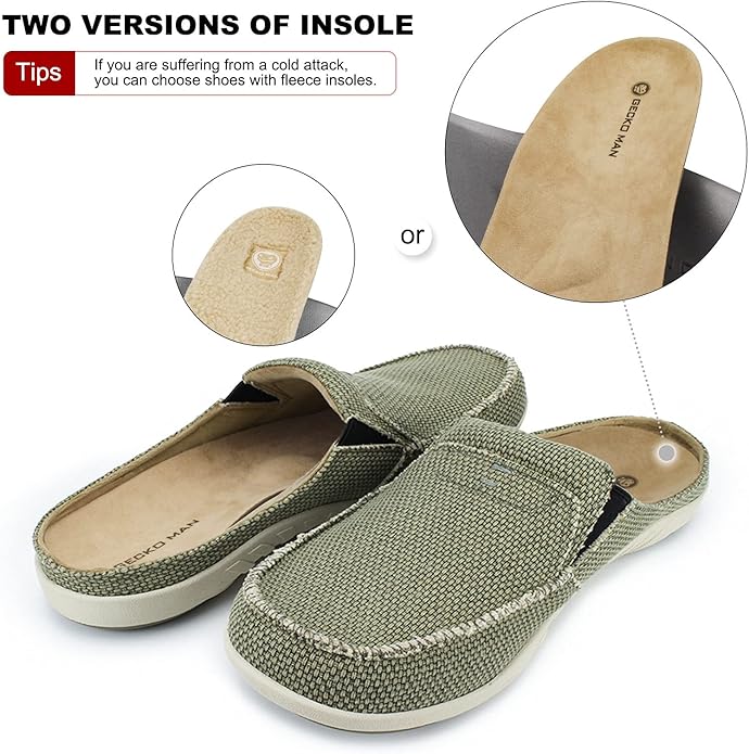Mens Slippers with Arch Support, Canvas House Slipper for Men with Velvet Lining, Slip On Clog, Indoor Outdoor House Shoes with Anti-Skid Rubber Sole