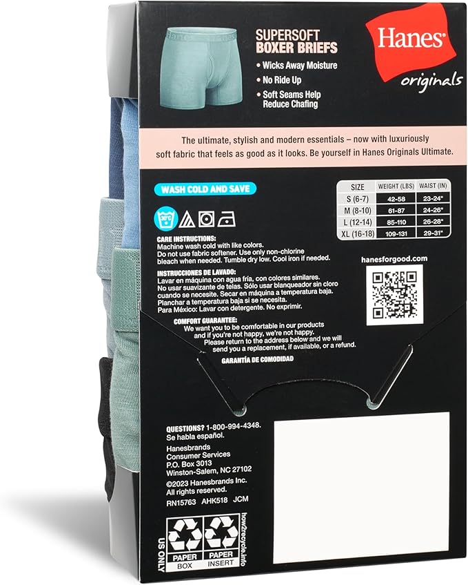 Hanes Ultimate Hanes Originals Ultimate Supersoft Boys' Boxer Brief Underwear, Assorted, 5-Pack