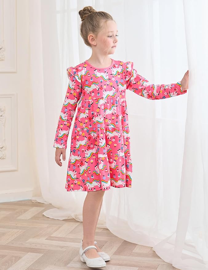 Bumeex Girl's Dresses Cotton Ruffle Sleeve Tiered Swing A-Line Cute Midi Casual Sundress