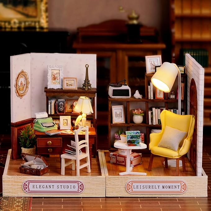 TuKIIE DIY Miniature Dollhouse Kit with Furniture, 1:24 Scale Creative Room Mini Wooden Doll House Plus Dust Proof for Kids Teens Adults(Leisurely Moment)