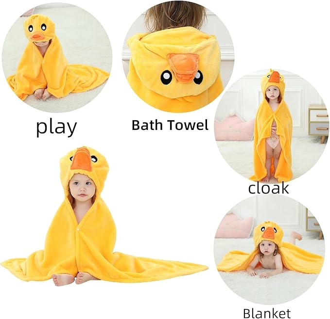 Baby Bath & Hooded Towels Kid Wearable Hoodie Blanket Baby Towels with Hood Soft Cozy Flannel Toddler Bath Towel Gifts for Boys Girls(Duck 50 * 40)