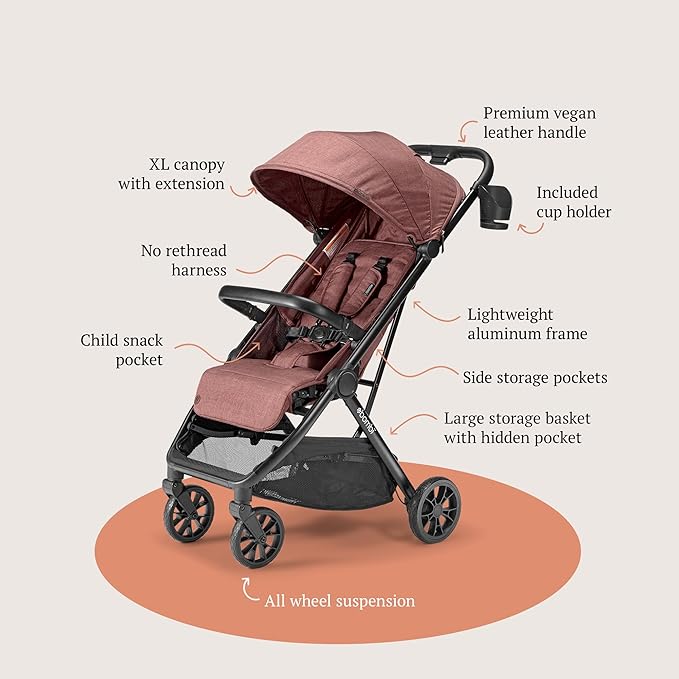 Bombi Bēbee V2 Lightweight Baby Stroller - Premium Vegan Leather, One-Hand Fold, Infinite Recline, Aircraft-Grade Aluminum Frame, XXL Canopy, and Ample Storage Umbrella Stroller - Desert Berry