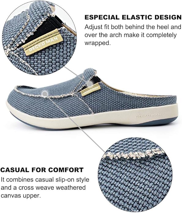 Mens Slippers with Arch Support, Canvas House Slipper for Men with Velvet Lining, Slip On Clog, Indoor Outdoor House Shoes with Anti-Skid Rubber Sole