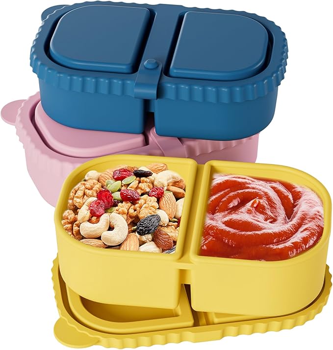 3 Pack Silicone Snack Containers with Lids – Reusable Double Compartment Snack Box, 8oz Mini Food Storage Containers for Sauce, Dip, Salad – Portable, Dishwasher & Microwave Safe