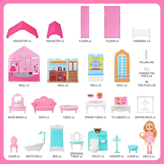Girl House Toys for Girls 4-8, 2 Storey 4 Rooms Indoor Playset with Doll, Furniture and Accessories, Pretend Toddler Toy, Birthday Gifts for Girl Age 3-5 4-6 6-12