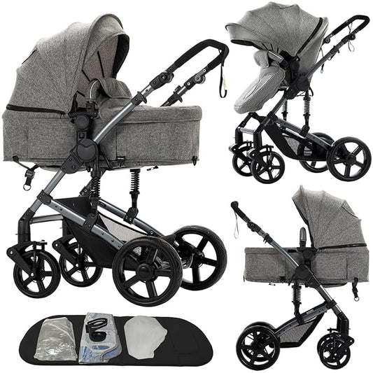 2 in 1 Baby Stroller, Convertible Reversible Infant Stroller with One-Click Folding, Newborn Toddler Travel Stroller Standard Carriage Pram (2US588-GREY)