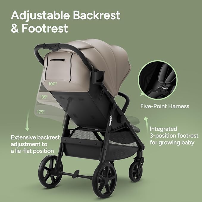 Mompush Nova Baby Stroller for Toddler, Infant & Newborn | Spacious Seat & Lie-Flat Mode | Compact One-Hand Fold, UPF 50+ Canopy & All-Wheel Suspension | Includes Rain Cover & Cup Holder, Khaki