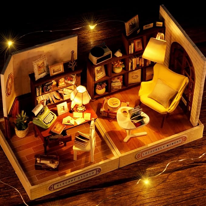 TuKIIE DIY Miniature Dollhouse Kit with Furniture, 1:24 Scale Creative Room Mini Wooden Doll House Plus Dust Proof for Kids Teens Adults(Leisurely Moment)