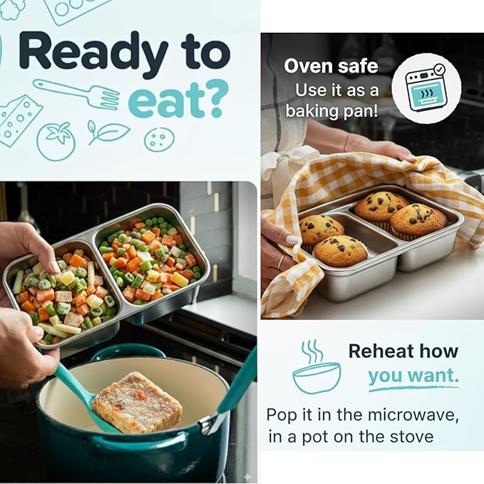 Antenat Reusable Stainless Steel Snack Containers with Lids (2PCS) –Double Compartment, Leak-Proof Food Containers with 1 Forks, Portable for Travel, Camping, Office Lunch, Takeout, Picnic & Dessert