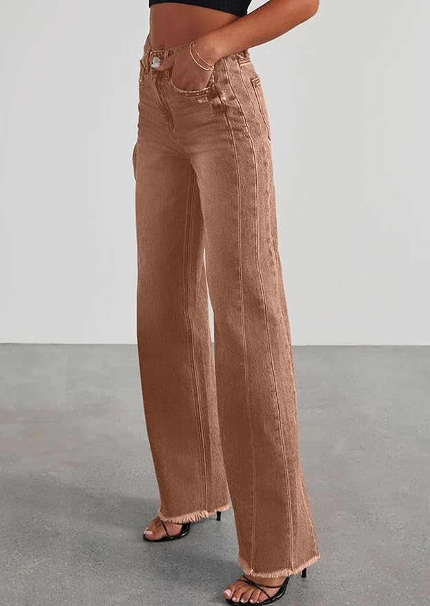 PRETTYGARDEN Wide Leg Jeans for Women Trendy 2025 High Waisted Stretchy Baggy Raw Hem Denim Palazzo Pants with Pockets