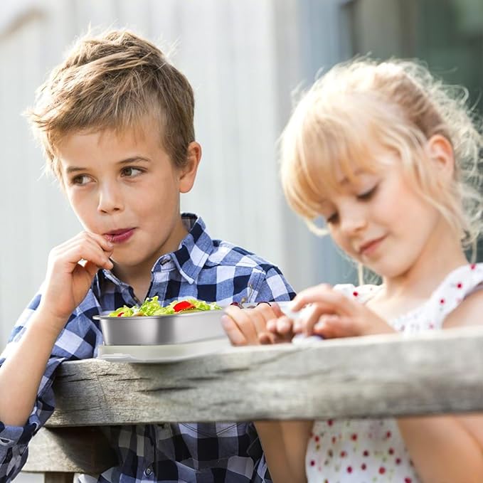 Stainless Steel Snack Containers for Kids Adults, 2 Pack 3 Compartment Metal Snack Containers Box with Lid, Reusable Food Storage Container, Leak Proof, Grab and Go