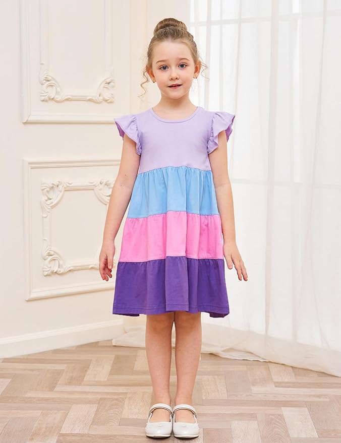 Bumeex Girl's Dresses Cotton Ruffle Sleeve Tiered Swing A-Line Cute Midi Casual Sundress