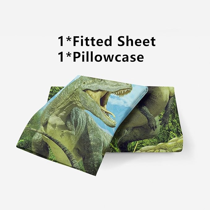 Dinosaurs Twin Bed Sheet Set, 3D Realistic Ancient Jungle Dinosaur Fitted Sheet, Soft Microfiber Bedding Sheets (Green)