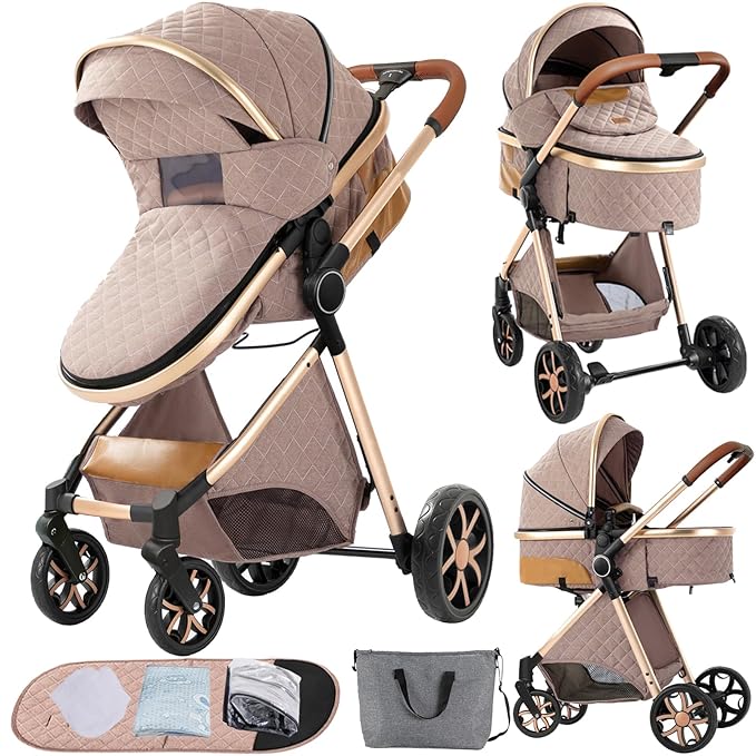 2 in 1 Baby Stroller Convertible Reversible Standard Pram Portable Pushchair Infant Buggy Baby Carriage Foldable High Landscape Pram for Toddler Newborn (225 Khaki)