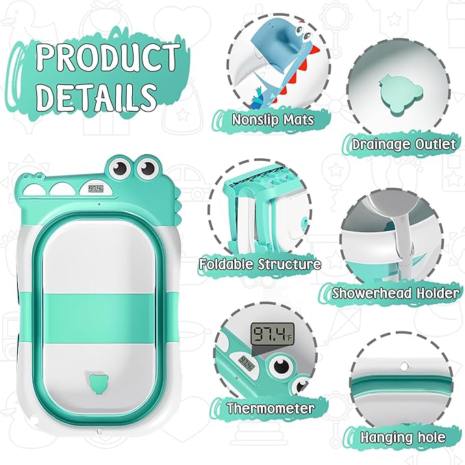 MoreFeel Collapsible Baby Bathtub for Newborn with Thermometer & 1 Hooded Towel & 1 Soft Floating Cushion,Portable Travel Bathtub with Drain Hole, Durable Foldable Baby Tubs for Infants to Toddler