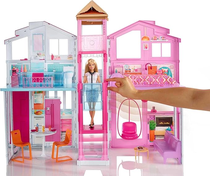 Barbie 3-Story Townhouse Dollhouse with Elevator, Swing Chair, Furniture and Accessories, Fold for Portability and Travel