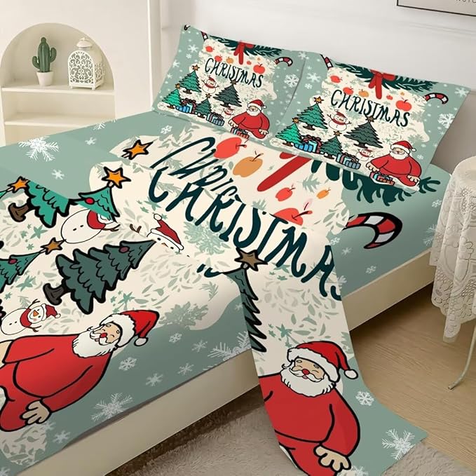 Christmas Sheets Twin Soft Microfiber Pattern Bed Sheet Set Winter Holiday Sheets Set Green Christmas Snowflake Bedding Set with 14 Inches Deep Pocket Fitted Sheet 1 Pillowcase and 1 Flat Sheet