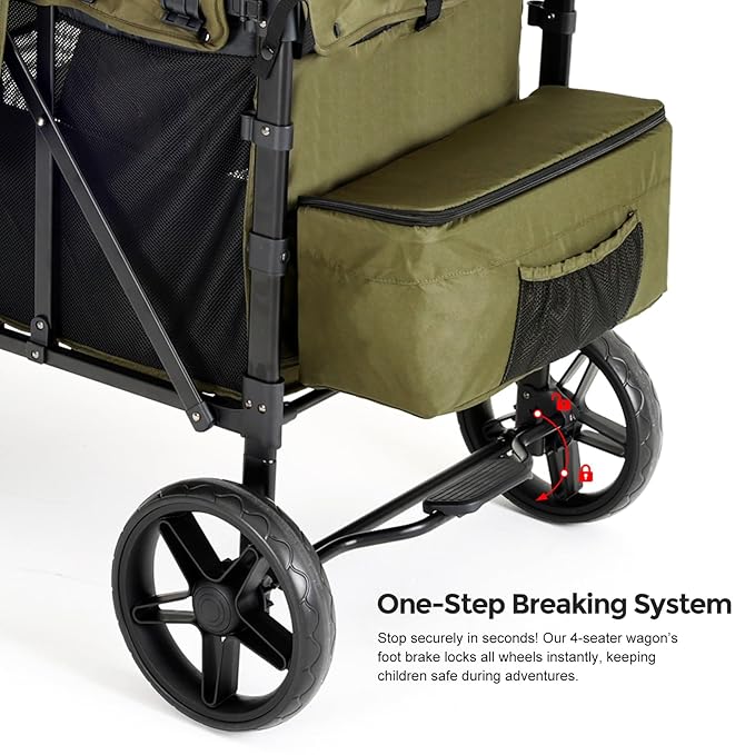 Elite 4-Seater Wagon Stroller for 2-4 Kids, One-Hand Fold, High Seats with 5 Point Harness, Adjustable Handle & Canopy, Green