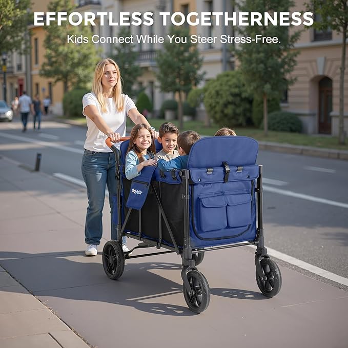 Elite 4-Seater Wagon Stroller for 2-4 Kids, One-Hand Fold, High Seats with 5 Point Harness, Adjustable Handle & Canopy, Blue