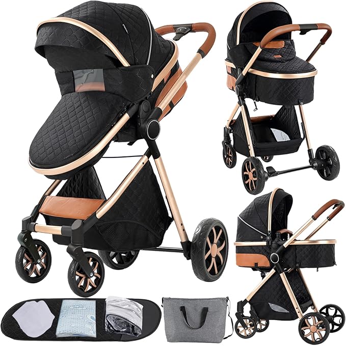 2 in 1 Baby Stroller Convertible Reversible Standard Pram Portable Pushchair Infant Buggy Baby Carriage Foldable High Landscape Pram for Toddler Newborn (225 Black Gold)