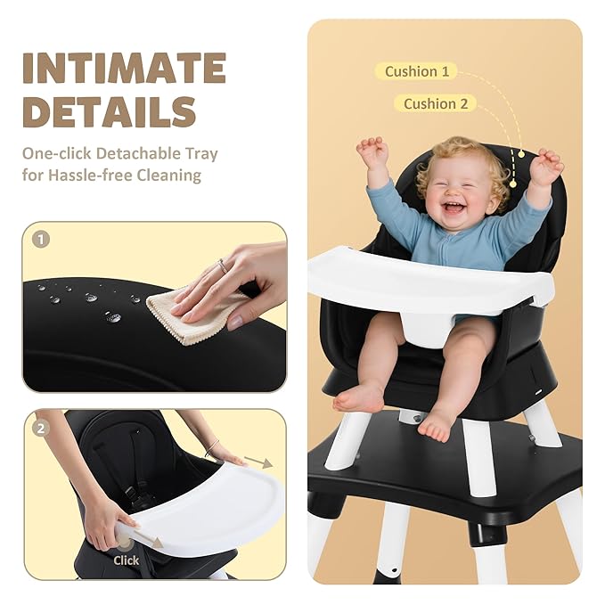 Baby High Chair, 8 in 1 Convertible Highchairs for Babies and Toddlers, Children Dining Booster Seat/Kids Building Block Table for Girls Boys, Baby Seat with Removable Tray, Black