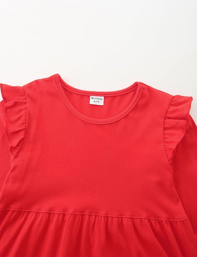 Bumeex Girl's Dresses Cotton Ruffle Sleeve Tiered Swing A-Line Cute Midi Casual Sundress