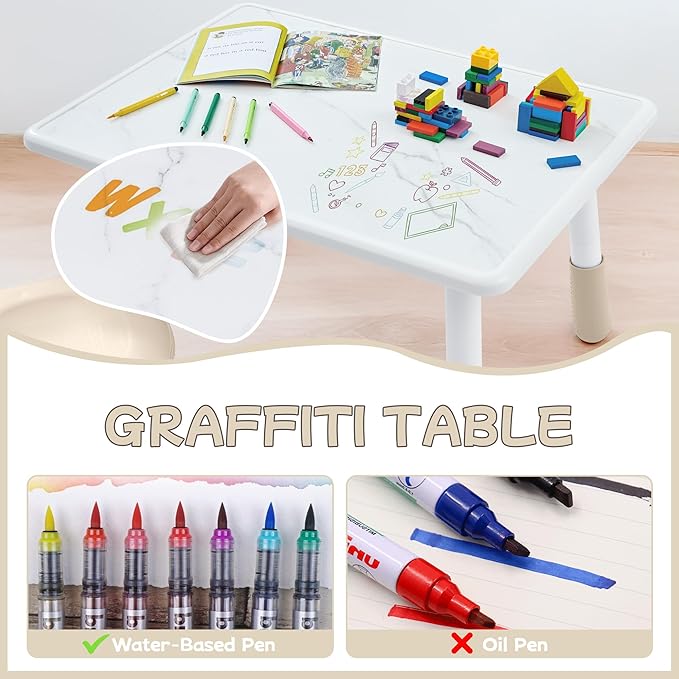 Toddler Table and Chair Set for Ages 3-8, Adjustable Kids Table and Chairs for Reading,Drawing, Eating, Children Activity Table with Graffiti Tabletop for Daycare/Classroom/Home/Preschool