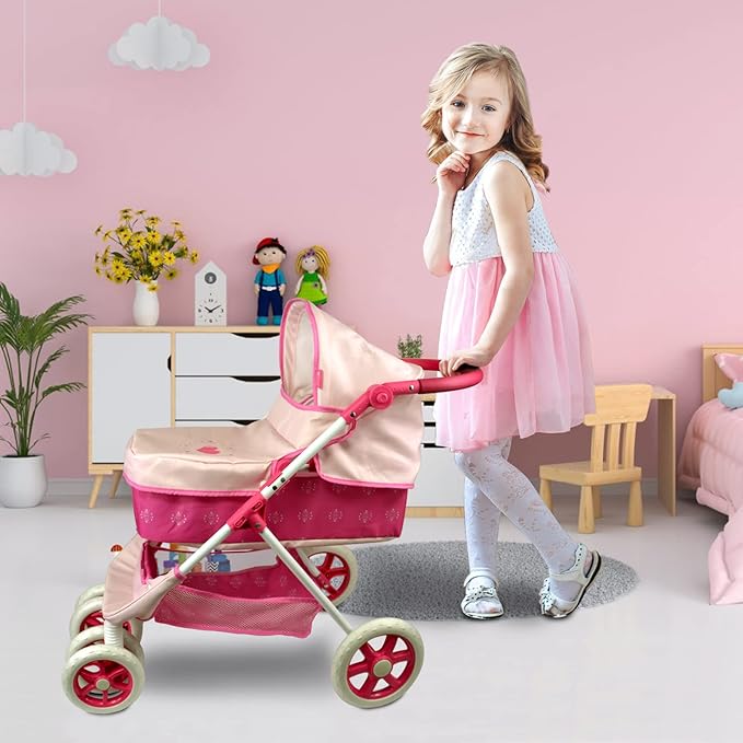 ANIVIA Dolls Pram, Doll Pushchair, 2 in 1 Stroller Dolls Pushchair & Pram Toys Gift for Kids, Suitable Dolls Up to 18 inch - Pink