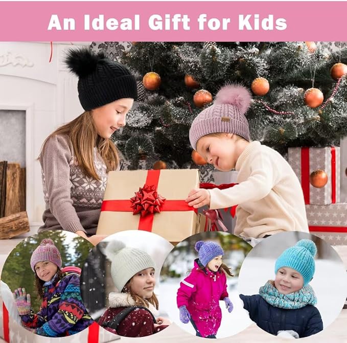 Kids Winter Hat Gloves Scarf Set,Girls Toddler Children Hats Beanie with Pom Knit Neck Warmer Gaiter Mittens Fleece Lined Set