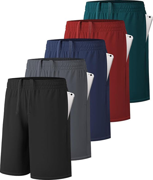 5 Pack Boys Athletic Shorts Active Performance Youth Kids Basketball Shorts Quick Dry with Elastic Waist Pockets