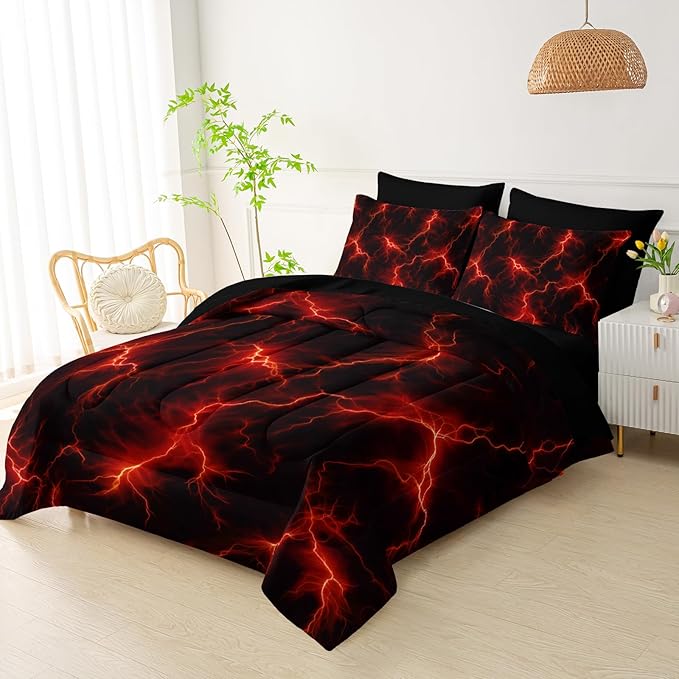 QOOMO Red Lighting 7 Pieces Comforter Set Twin Size,Starry Sky Bedding Set for Kids Teens Boys-Include 1 Comforter,1 Fitted Sheet,1 Flat Sheet,2 Printing Pillowcases and 2 Black Pillowcases
