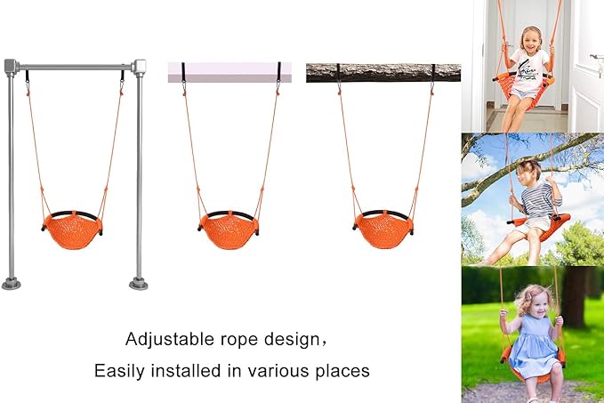 JKsmart Swing Seat for Kids Heavy Duty Rope Play Secure Children Swing Set,Perfect for Indoor,Outdoor,Playground,Home,Tree,with Snap Hooks and Swing Straps,440 lbs Capacity,Orange