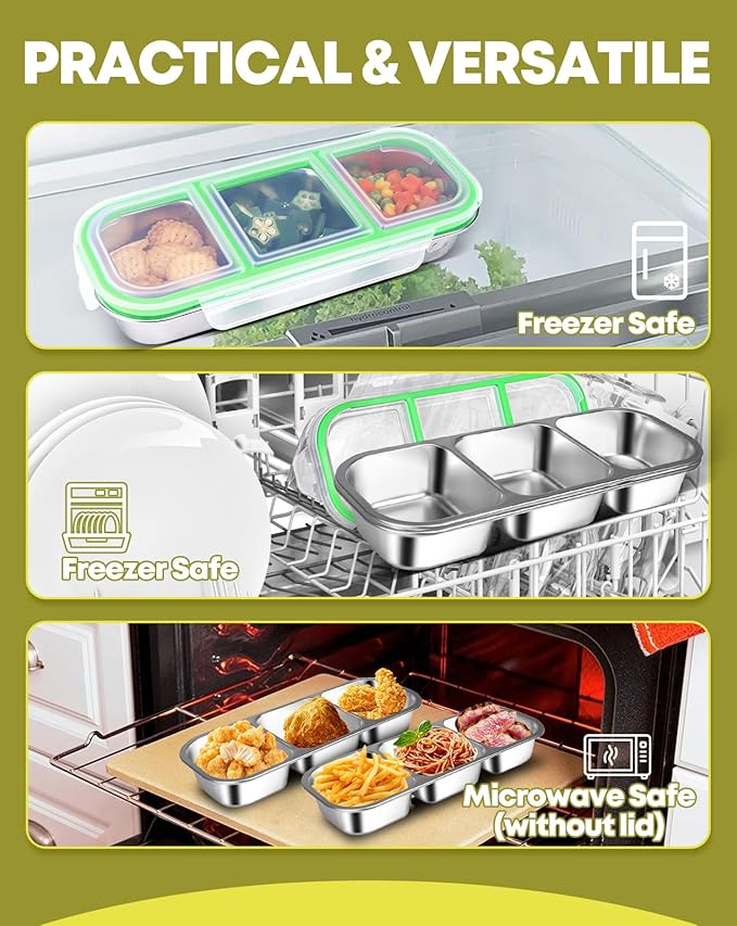 2Pack Stainless Steel Snack Containers for Kids Adults, Reusable 3 Compartment Snackle Box Container with Leakproof Lids Metal Bento Lunch Food Snack Boxs for Travel Picnics Camping Office School