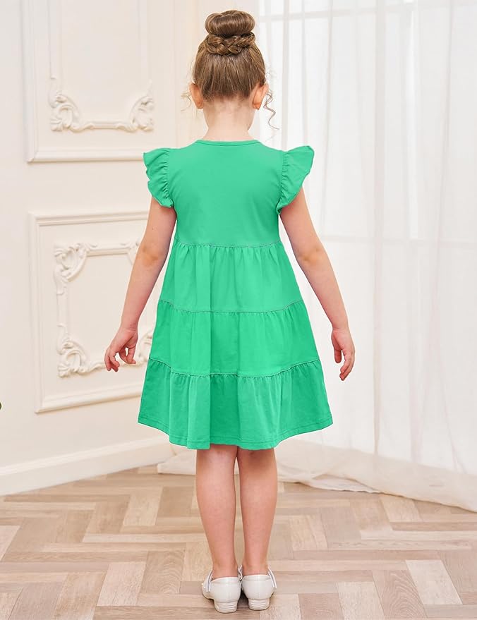 Bumeex Girl's Dresses Cotton Ruffle Sleeve Tiered Swing A-Line Cute Midi Casual Sundress