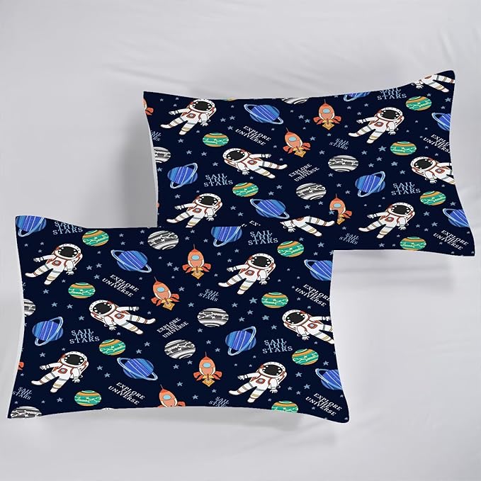 Kids Space Bedding Set Queen Size Outer Space Room Decor for Boys Cute Astronaut Rocket Sheets Set for Boys Bed 4 Pcs Space Sheet Set with 1 Fitted Sheet, 1 Flat Sheet and 2 Pillowcases