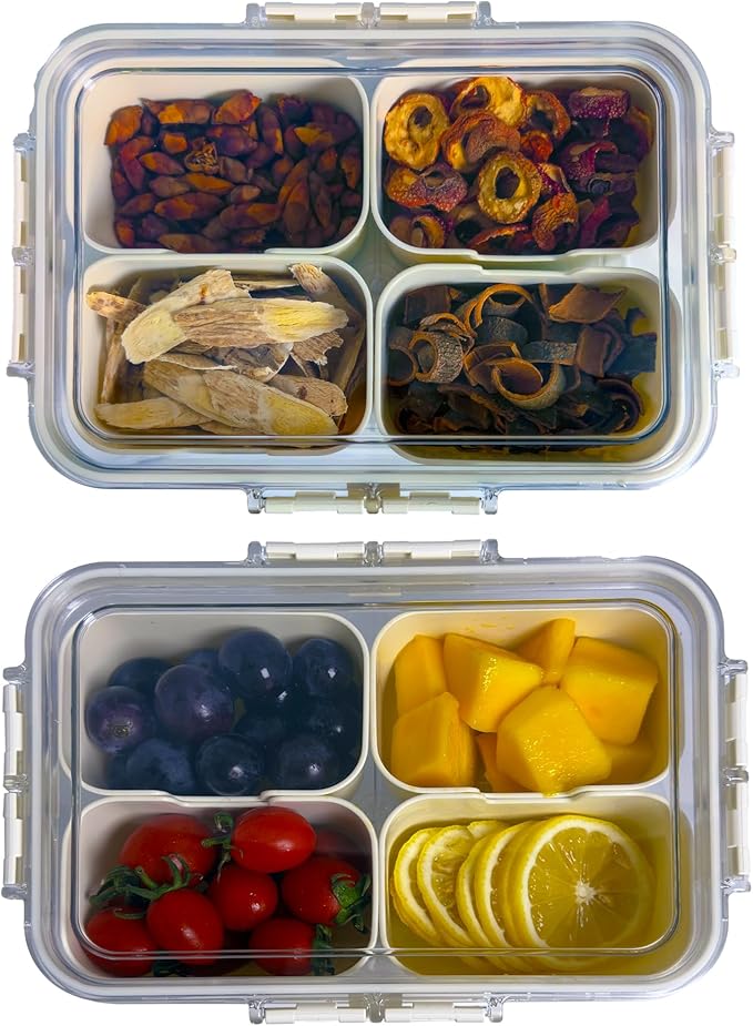 2PCS Plastic Divided Serving Tray with Lid Snackle Box Charcuterie Container Portable Snack Platters Organizer for Candy, Fruits, Snacks, Nuts, for Party, Entertaining, Picnic (4 Compartment)