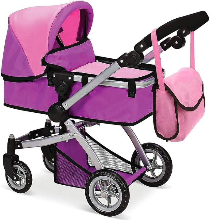 Mommy & Me Foldable Deluxe Toy Baby Doll Stroller with Swiveling Wheels, Adjustable Handle, Convertible Seat, Bassinet, and Diaper Bag