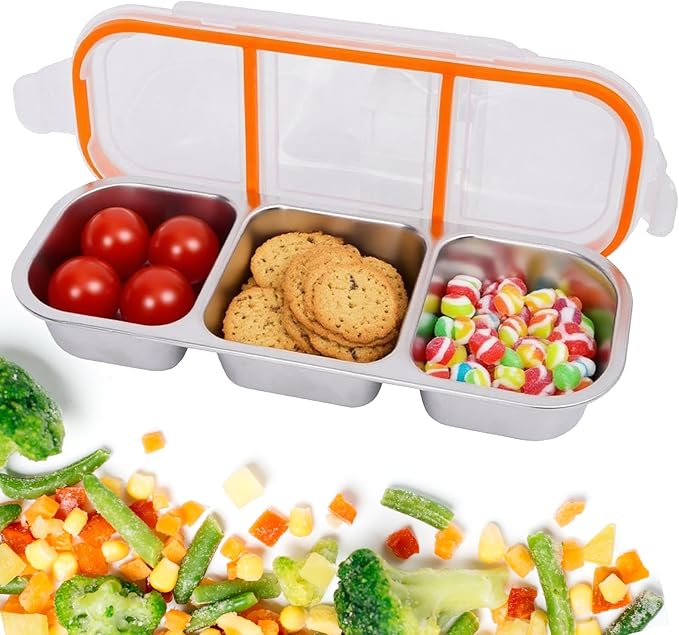 Stainless Steel Snack Containers with Lids, Reusable Condiment Storage Box, Divided Food Storage for School, Home, Travel, Multiple Compartment Leak-Proof Box (‎3 Compartment)