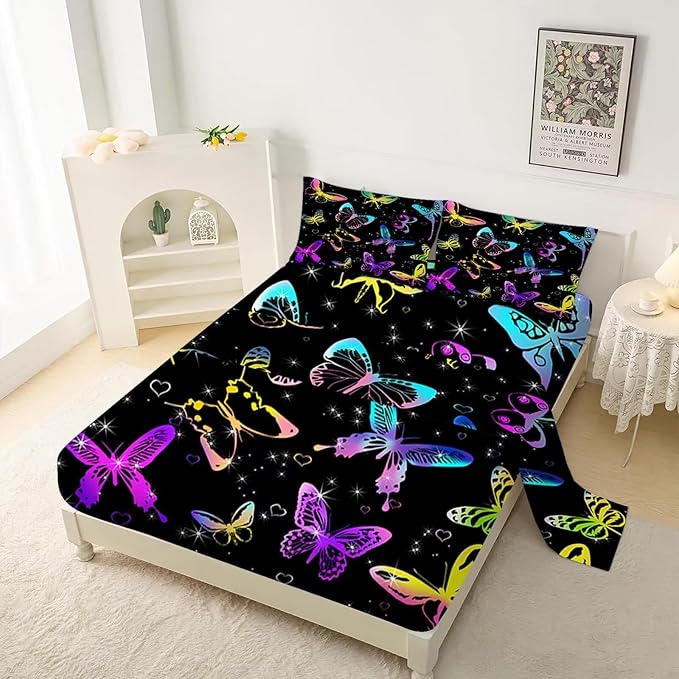 Kids Butterfly Sheets Set Queen for Girls Boys Room Decor Cute Microfiber Bed Sheets for Boys Girls Kids and Toddler, Bed in a Bag Packaged with 1 Fitted Sheet 1 Flat Sheet 2 Pillowcases