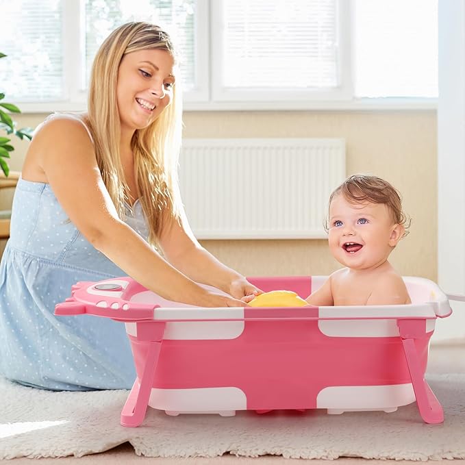 Baby Bathtub,Collapsible Baby Bath Tub with Thermometer & Soft Floating Cushion,Portable Travel Baby Bathtubs for Newborns to Toddlers 0-36 Months(Crab Blue)