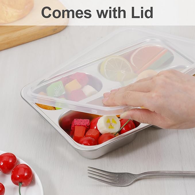 3Pcs Stainless Steel Snack Containers with Lids, 4 Compartments Bento Snack Boxes Reusable Metal Food Fruit Storage Prep Containers for School Home Travel