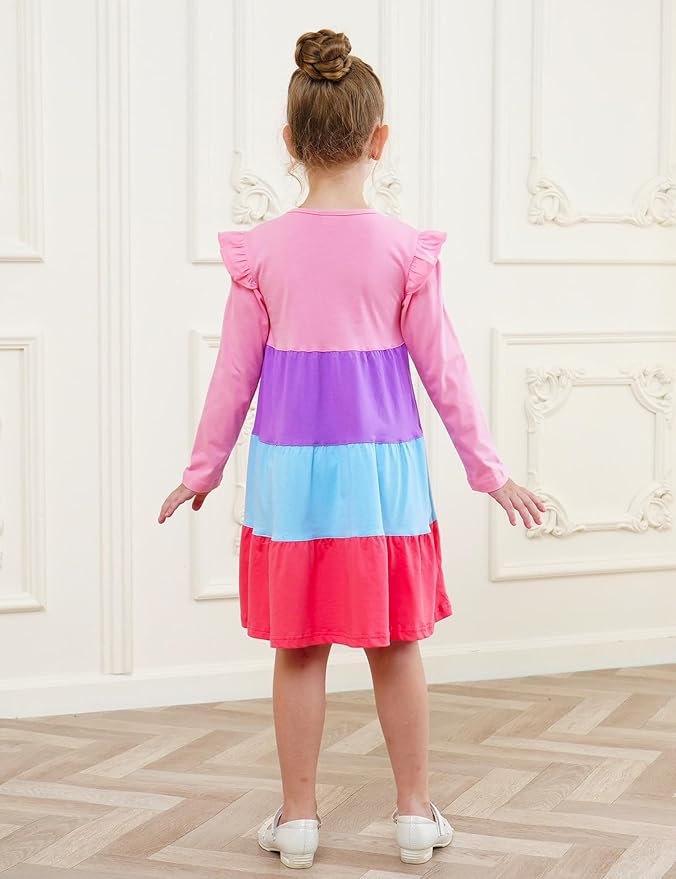 Bumeex Girl's Dresses Cotton Ruffle Sleeve Tiered Swing A-Line Cute Midi Casual Sundress