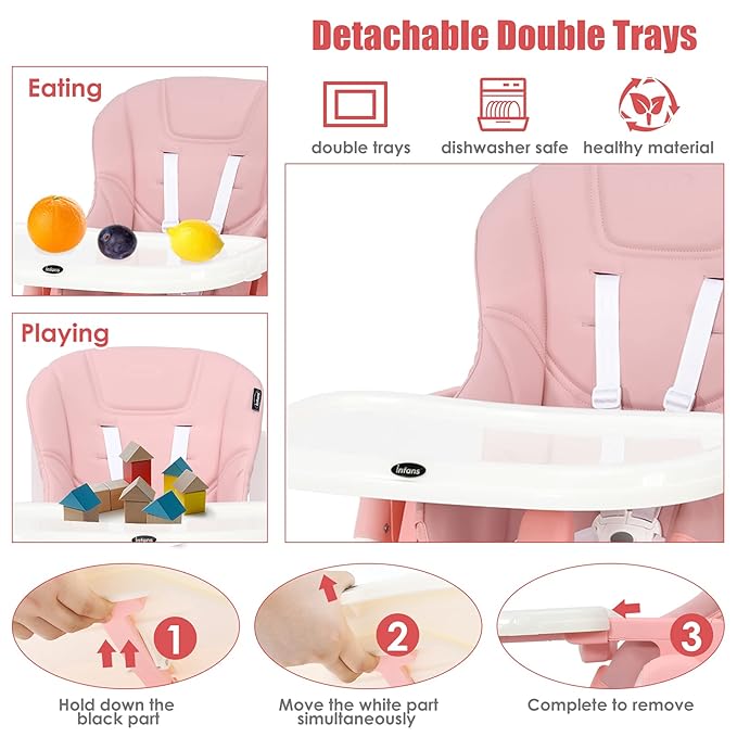 INFANS 4 in 1 High Chair–Booster Seat, Convertible Highchair w/Adjustable Height and Recline,Removable Tray,DetachableCushion, Installation-Free,Simple Fold for Baby, Infant& Toddler (Pink)