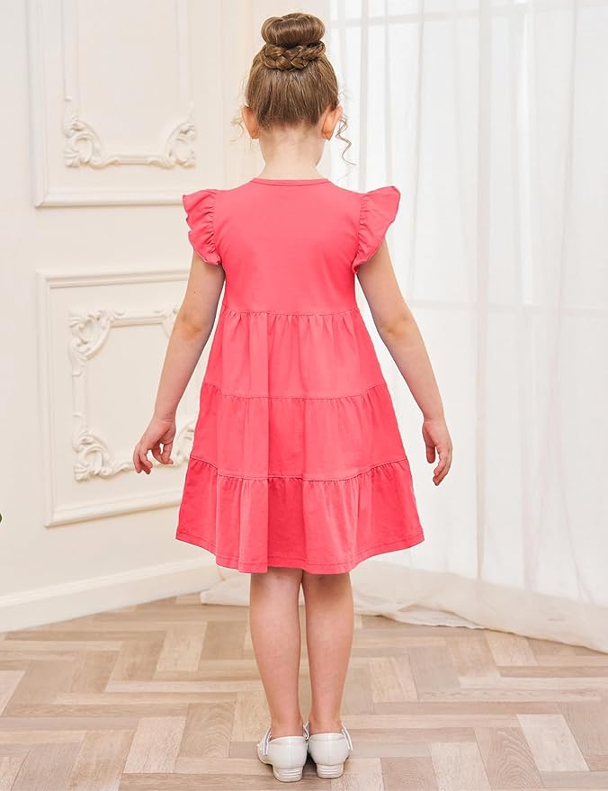 Bumeex Girl's Dresses Cotton Ruffle Sleeve Tiered Swing A-Line Cute Midi Casual Sundress