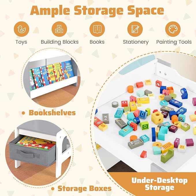 Costzon Kids Table and Chairs, 4 in 1 Wooden Activity Desk Set w/Reversible Tabletop, Bookshelves & Storage Drawers for Drawing, Reading, Crafts, Playing, Toddler Table and Chair Set (Gray)