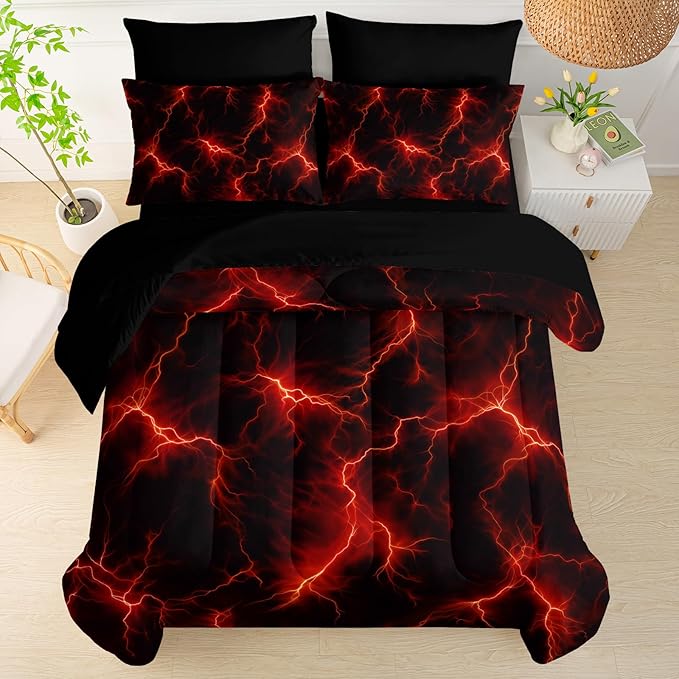 QOOMO Red Lighting 7 Pieces Comforter Set Twin Size,Starry Sky Bedding Set for Kids Teens Boys-Include 1 Comforter,1 Fitted Sheet,1 Flat Sheet,2 Printing Pillowcases and 2 Black Pillowcases