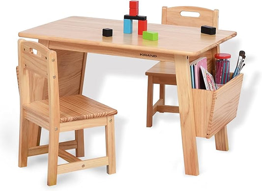 Kids Solid Wood Table and 2 Chair Set with Storage Desk and Chair Set for Children Toddler Activity Table (Solid Wood/Natural)