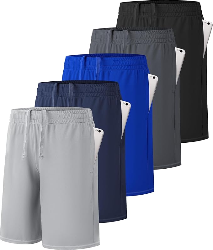5 Pack Boys Athletic Shorts Active Performance Youth Kids Basketball Shorts Quick Dry with Elastic Waist Pockets