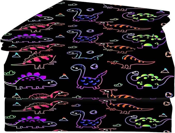 Kids Colorful Dinosaur Sheets Queen Cute Dionsaur Bedding Set for Boys and Girls 4 Pcs Kids Sheets Queen with 1 Fitted Sheet, 1 Flat Sheet and 2 Pillowcases