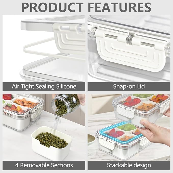 Small Snackle Box Container, Divided Serving Tray with Lid, 4 Compartment Snack Box Container for Candy, Fruits, Charcuterie, Travel & Parties, BPA-Free